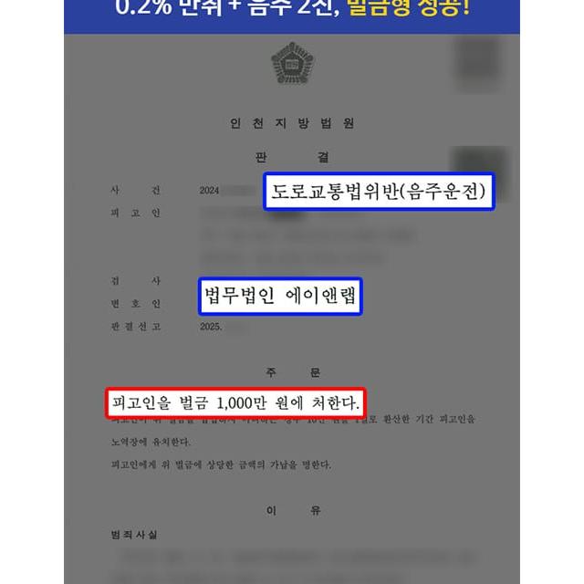 혈중알코올농도 0.2% + 음주 2진 의뢰인 대리하여 벌금형 선처 이끌어내