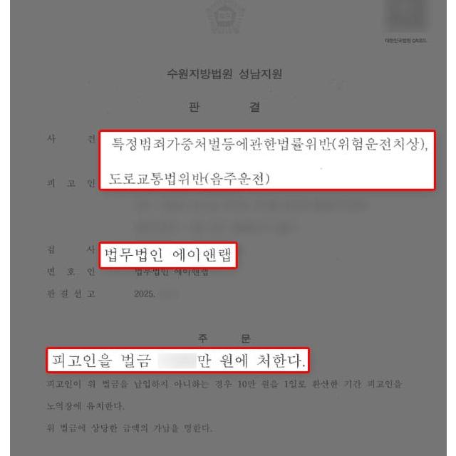 만취운전 중 신호 위반으로 3중 추돌사고를 일으킨 사건(위험운전치상), 벌금형 선처 이끌어내